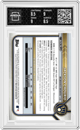 Jackson Chourio from the 2022 Bowman set featuring a Atomic Refractor parallel graded by Arena Club and given an overall grade of 9.