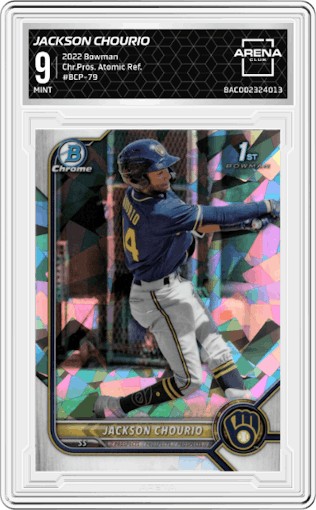 Jackson Chourio from the 2022 Bowman set featuring a Atomic Refractor parallel graded by Arena Club and given an overall grade of 9.