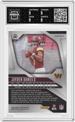 Jayden Daniels from the 2024 Panini Prizm set featuring a Disco parallel graded by Arena Club and given an overall grade of 8.5.