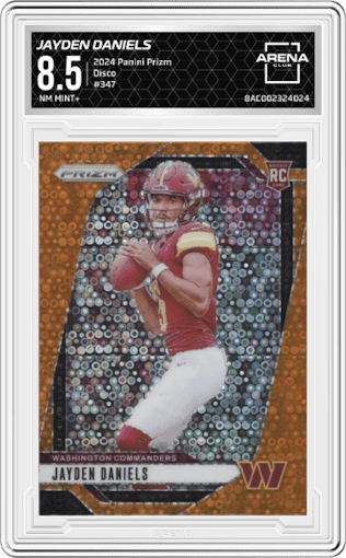 Jayden Daniels from the 2024 Panini Prizm set featuring a Disco parallel graded by Arena Club and given an overall grade of 8.5.