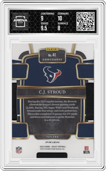 C.J. Stroud from the 2023 Panini Select set featuring a Silver Prizm parallel graded by Arena Club and given an overall grade of 8.5.