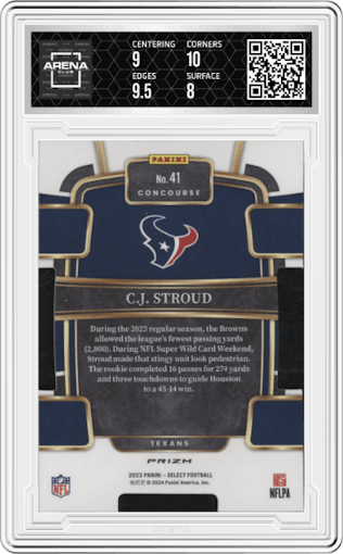 C.J. Stroud from the 2023 Panini Select set featuring a Silver Prizm parallel graded by Arena Club and given an overall grade of 8.5.