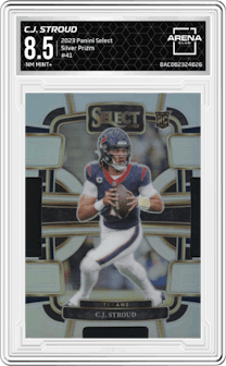 C.J. Stroud from the 2023 Panini Select set featuring a Silver Prizm parallel graded by Arena Club and given an overall grade of 8.5.