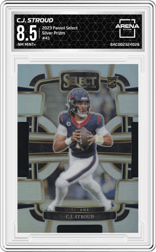 C.J. Stroud from the 2023 Panini Select set featuring a Silver Prizm parallel graded by Arena Club and given an overall grade of 8.5.