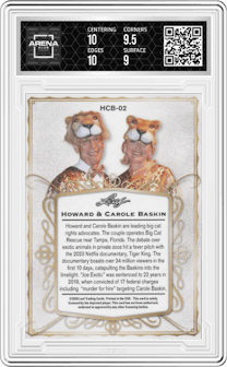 Howard Baskin/Carole Baskin from the 2020 Leaf Tiger King set graded by Arena Club and given an overall grade of 9.5.