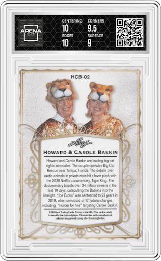 Howard Baskin/Carole Baskin from the 2020 Leaf Tiger King set graded by Arena Club and given an overall grade of 9.5.