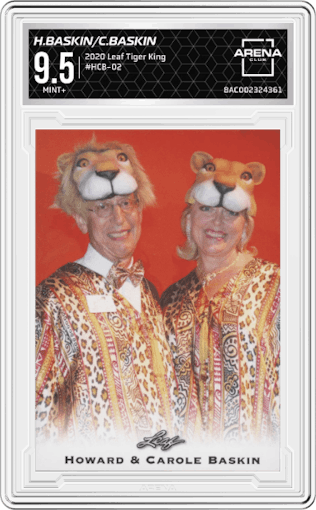 Howard Baskin/Carole Baskin from the 2020 Leaf Tiger King set graded by Arena Club and given an overall grade of 9.5.