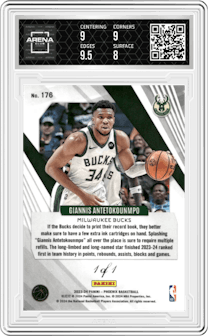 Giannis Antetokounmpo from the 2023-24 Panini Phoenix set featuring a Gold Vinyl parallel graded by Arena Club and given an overall grade of 8.5.