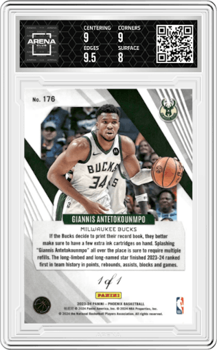 Giannis Antetokounmpo from the 2023-24 Panini Phoenix set featuring a Gold Vinyl parallel graded by Arena Club and given an overall grade of 8.5.