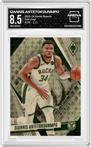 Giannis Antetokounmpo from the 2023-24 Panini Phoenix set featuring a Gold Vinyl parallel graded by Arena Club and given an overall grade of 8.5.