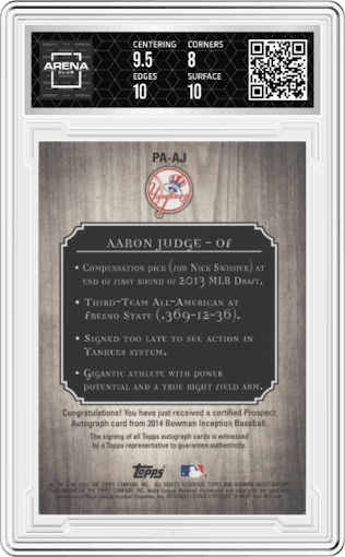 Aaron Judge from the 2014 Bowman Inception set graded by Arena Club and given an overall grade of 8.5.