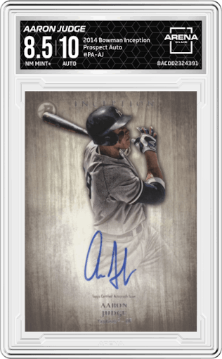 Aaron Judge from the 2014 Bowman Inception set graded by Arena Club and given an overall grade of 8.5.
