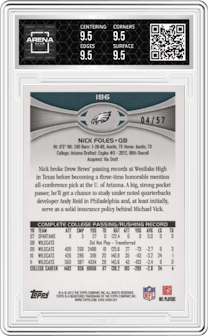 Nick Foles from the 2012 Topps set featuring a Black parallel graded by Arena Club and given an overall grade of 9.5.