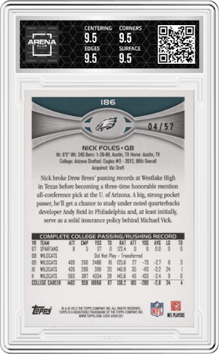 Nick Foles from the 2012 Topps set featuring a Black parallel graded by Arena Club and given an overall grade of 9.5.