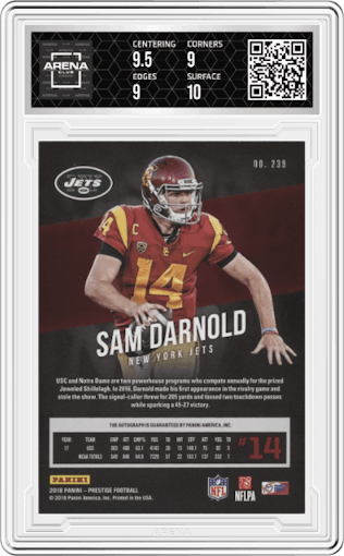 Sam Darnold from the 2018 Panini Prestige set graded by Arena Club and given an overall grade of 9.5.