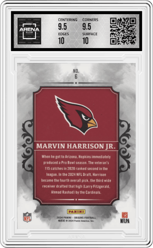 DeAndre Hopkins/Marvin Harrison Jr. from the 2024 Panini Origins set graded by Arena Club and given an overall grade of 10.