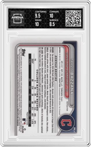 Travis Bazzana from the 2024 Bowman Draft set featuring a Refractor parallel graded by Arena Club and given an overall grade of 9.