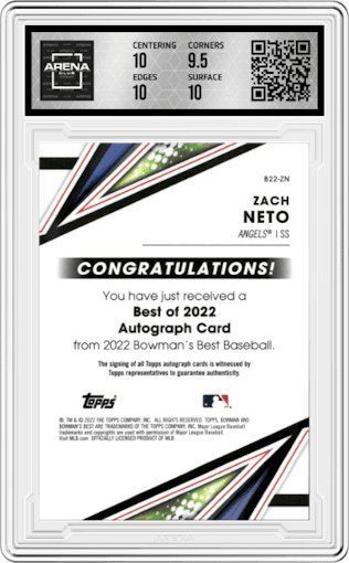 Zach Neto from the 2022 Bowman’s Best   set featuring a Blue Refractor parallel graded by Arena Club and given an overall grade of 10.