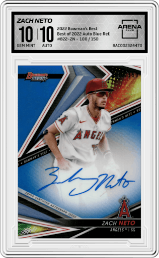Zach Neto from the 2022 Bowman’s Best   set featuring a Blue Refractor parallel graded by Arena Club and given an overall grade of 10.
