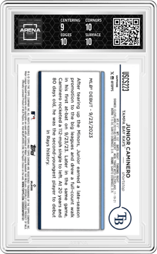 Junior Caminero  from the 2024 Topps Chrome Update Sapphire Edition set featuring a Gold Sapphire Refractor parallel graded by Arena Club and given an overall grade of 9.5.