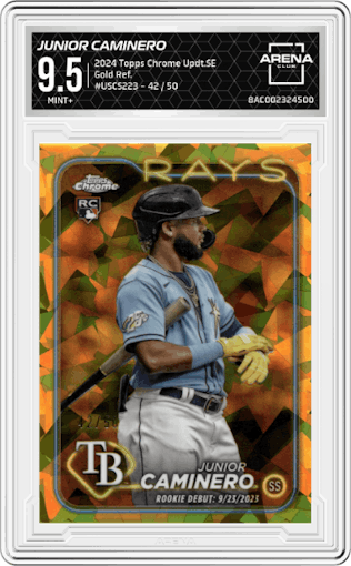 Junior Caminero  from the 2024 Topps Chrome Update Sapphire Edition set featuring a Gold Sapphire Refractor parallel graded by Arena Club and given an overall grade of 9.5.