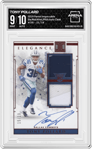 Tony Pollard from the 2019 Panini Impeccable set featuring a Cleat FOTL parallel graded by Arena Club and given an overall grade of 9.