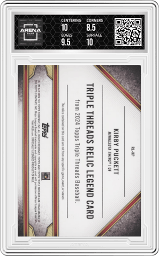 Kirby Puckett from the 2024 Topps Triple Threads set featuring a Emerald parallel graded by Arena Club and given an overall grade of 9.