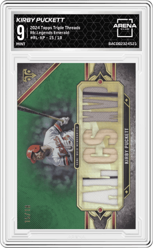 Kirby Puckett from the 2024 Topps Triple Threads set featuring a Emerald parallel graded by Arena Club and given an overall grade of 9.