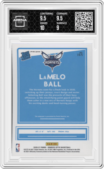 LaMelo Ball from the 2020-21 Panini Donruss Optic set featuring a Holo parallel graded by Arena Club and given an overall grade of 9.5.
