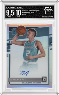LaMelo Ball from the 2020-21 Panini Donruss Optic set featuring a Holo parallel graded by Arena Club and given an overall grade of 9.5.