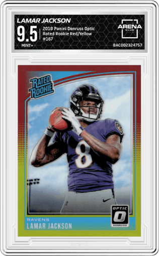 Lamar Jackson from the 2018 Panini Donruss Optic set featuring a Red/Yellow parallel graded by Arena Club and given an overall grade of 9.5.