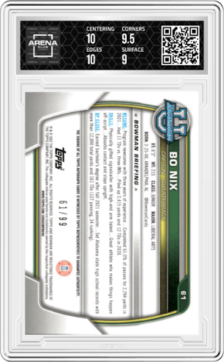 Bo Nix from the 2022 Bowman University Chrome set featuring a Green Refractor parallel graded by Arena Club and given an overall grade of 9.5.