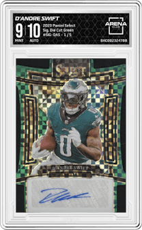 D'Andre Swift from the 2023 Panini Select set featuring a Green Prizm Die Cuts parallel graded by Arena Club and given an overall grade of 9.