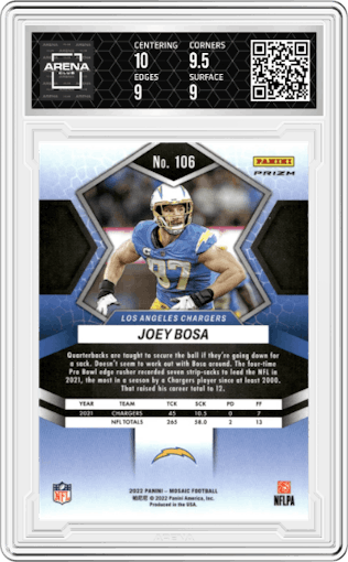 Joey Bosa from the 2022 Panini Mosaic set featuring a Genesis parallel graded by Arena Club and given an overall grade of 9.5.