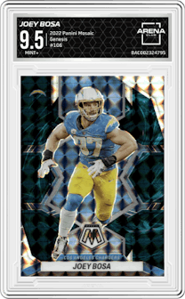 Joey Bosa from the 2022 Panini Mosaic set featuring a Genesis parallel graded by Arena Club and given an overall grade of 9.5.
