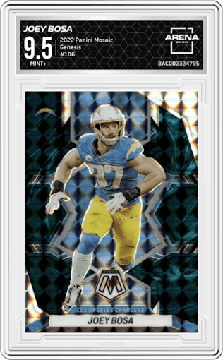 Joey Bosa from the 2022 Panini Mosaic set featuring a Genesis parallel graded by Arena Club and given an overall grade of 9.5.