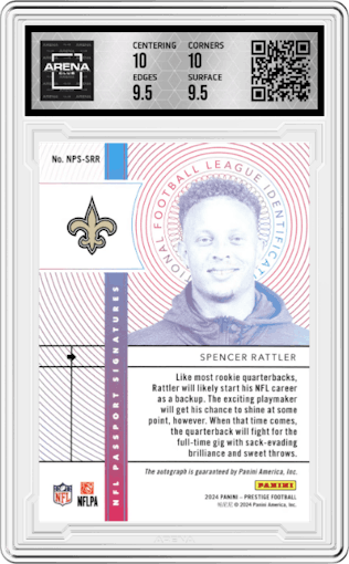 Spencer Rattler from the 2024 Panini Prestige  set graded by Arena Club and given an overall grade of 10.