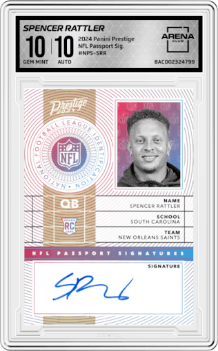 Spencer Rattler from the 2024 Panini Prestige  set graded by Arena Club and given an overall grade of 10.