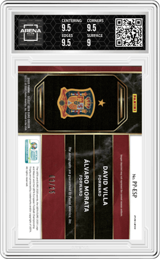 Alvaro Morata/David Villa from the 2020 Panini Select UEFA Euro set featuring a Copper parallel graded by Arena Club and given an overall grade of 9.5.