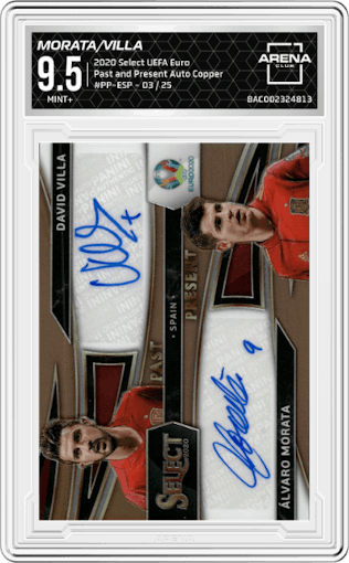 Alvaro Morata/David Villa from the 2020 Panini Select UEFA Euro set featuring a Copper parallel graded by Arena Club and given an overall grade of 9.5.
