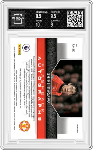 Shinji Kagawa from the 2020-21 Panini Prizm Premier League set featuring a Breakaway parallel graded by Arena Club and given an overall grade of 9.5.