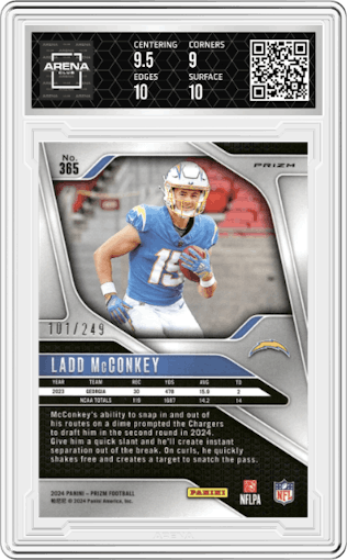 Ladd McConkey from the 2024 Panini Prizm set featuring a Orange Prizm parallel graded by Arena Club and given an overall grade of 9.5.