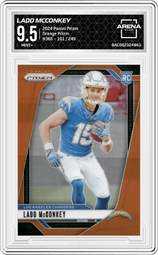 Ladd McConkey from the 2024 Panini Prizm set featuring a Orange Prizm parallel graded by Arena Club and given an overall grade of 9.5.