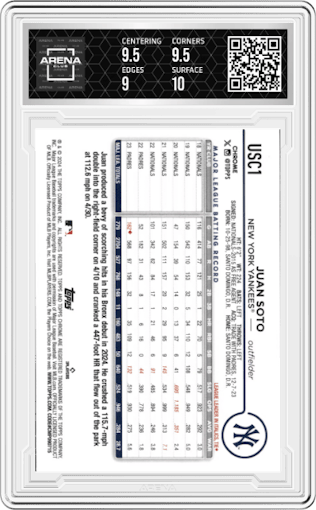 Juan Soto from the 2024 Topps Chrome Update set featuring a Gold Refractor parallel graded by Arena Club and given an overall grade of 9.5.