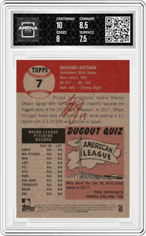 Shohei Ohtani from the Ultimate Topps Living Set   set graded by Arena Club and given an overall grade of 8.