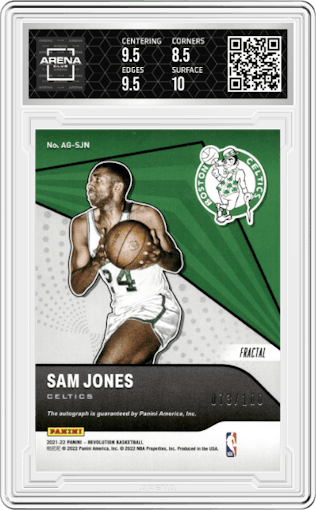 Sam Jones from the 2021-22 Panini Revolution  set featuring a Fractal parallel graded by Arena Club and given an overall grade of 9.