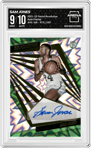 Sam Jones from the 2021-22 Panini Revolution  set featuring a Fractal parallel graded by Arena Club and given an overall grade of 9.