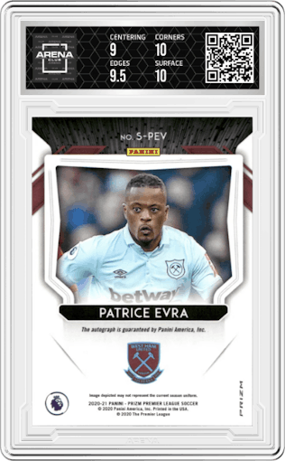 Patrice Evra from the 2020-21 Panini Prizm Premier League set featuring a Pink Ice Prizm parallel graded by Arena Club and given an overall grade of 9.5.