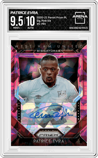Patrice Evra from the 2020-21 Panini Prizm Premier League set featuring a Pink Ice Prizm parallel graded by Arena Club and given an overall grade of 9.5.