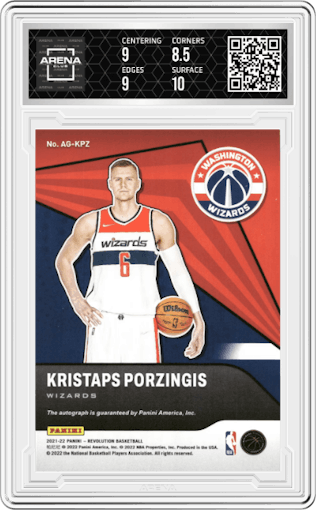 Kristaps Porzingis from the 2021-22 Panini Revolution  set graded by Arena Club and given an overall grade of 9.
